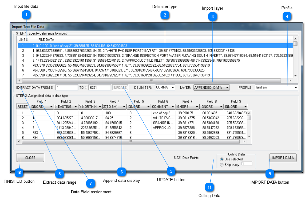 Import Text File Data window